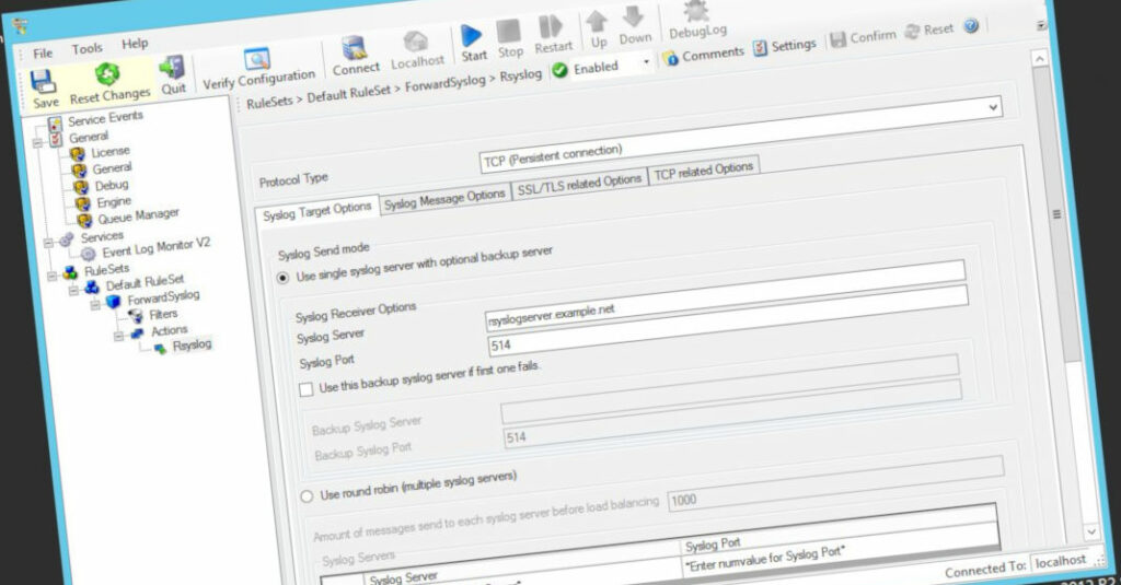 Screenshot of Rsyslog Windows Agent in Config mode.