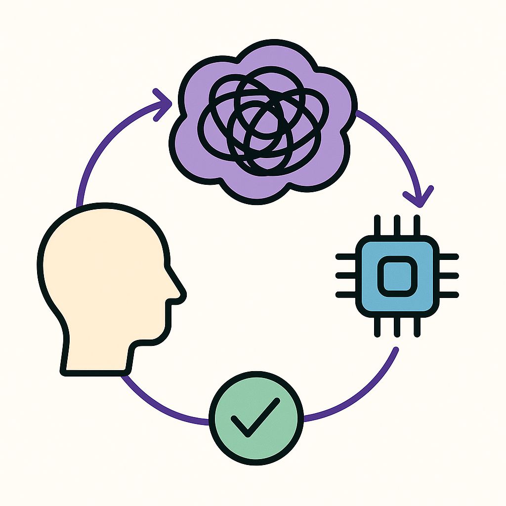 Human and AI thought bubbles full of tangled lines; a small check mark off to the side.