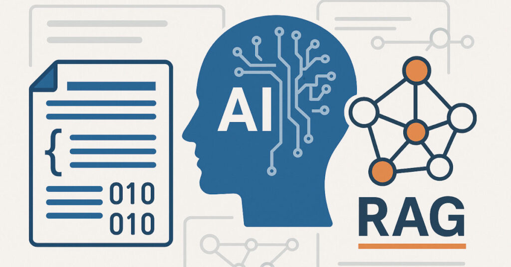 Symbolic illustration showing documentation, an AI head, and a graph structure representing RAG.