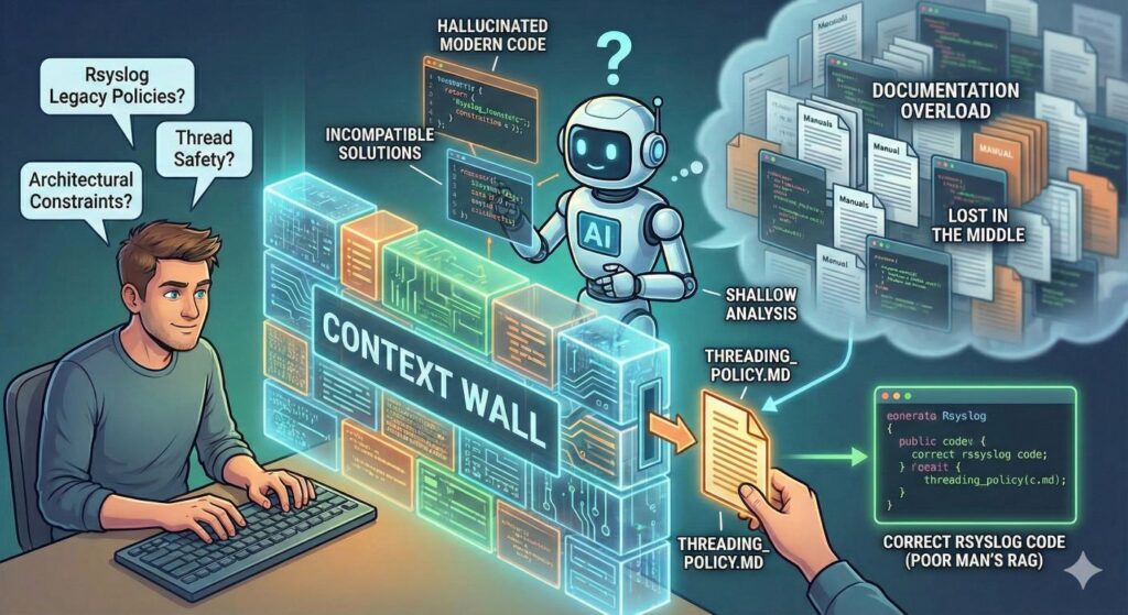 Developer bypassing a digital 'Context Wall' by manually injecting a policy file to correct an AI's code generation.