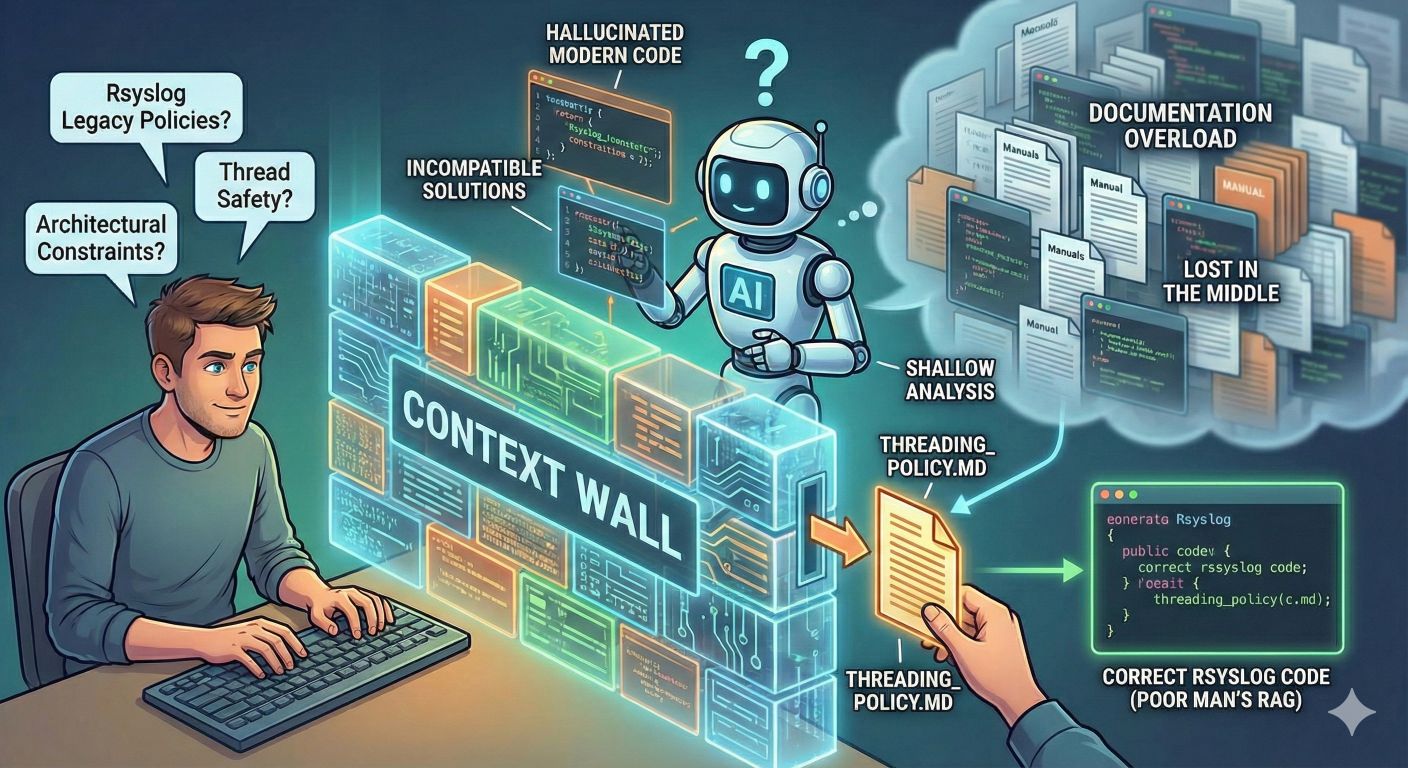 Developer bypassing a digital 'Context Wall' by manually injecting a policy file to correct an AI's code generation.