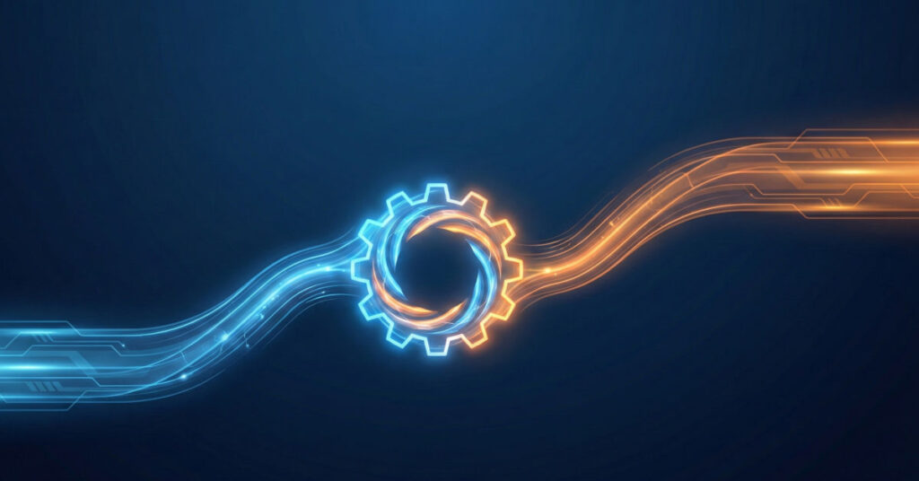 Blue and orange streams converge into a gear, symbolizing concept transfer between open source and commercial development.