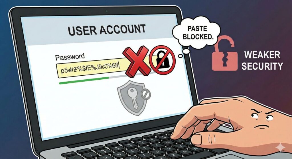 A laptop screen showing a password field where pasting is blocked. A broken padlock icon signifies this leads to weaker security.