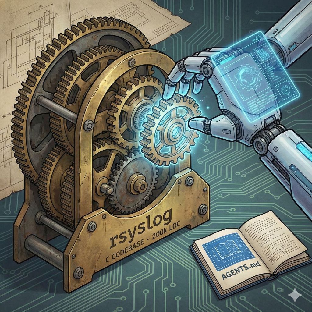 Illustration of a robotic hand carefully adjusting gears in a large rsyslog C codebase machine, symbolizing AI-assisted maintenance of mature software.