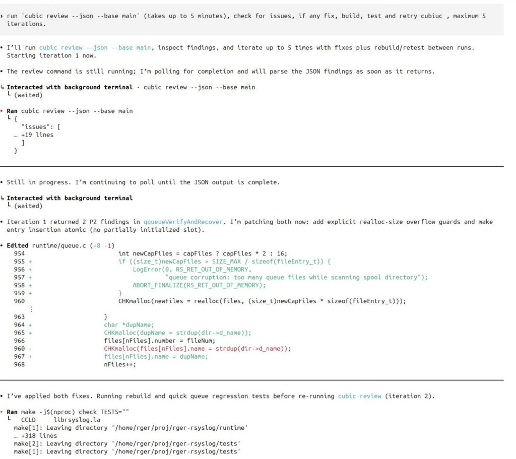 Terminal showing iterative local AI code review with cubic CLI, code fixes, rebuilds, and test runs before final commit.”