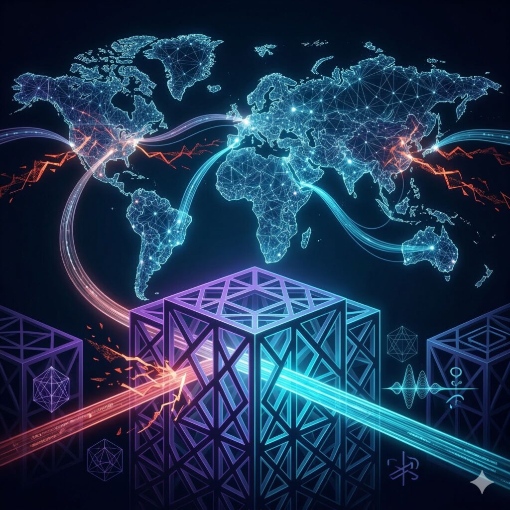 Global network map with cyber attack streams colliding against a geometric shield representing post-quantum cryptography protection.