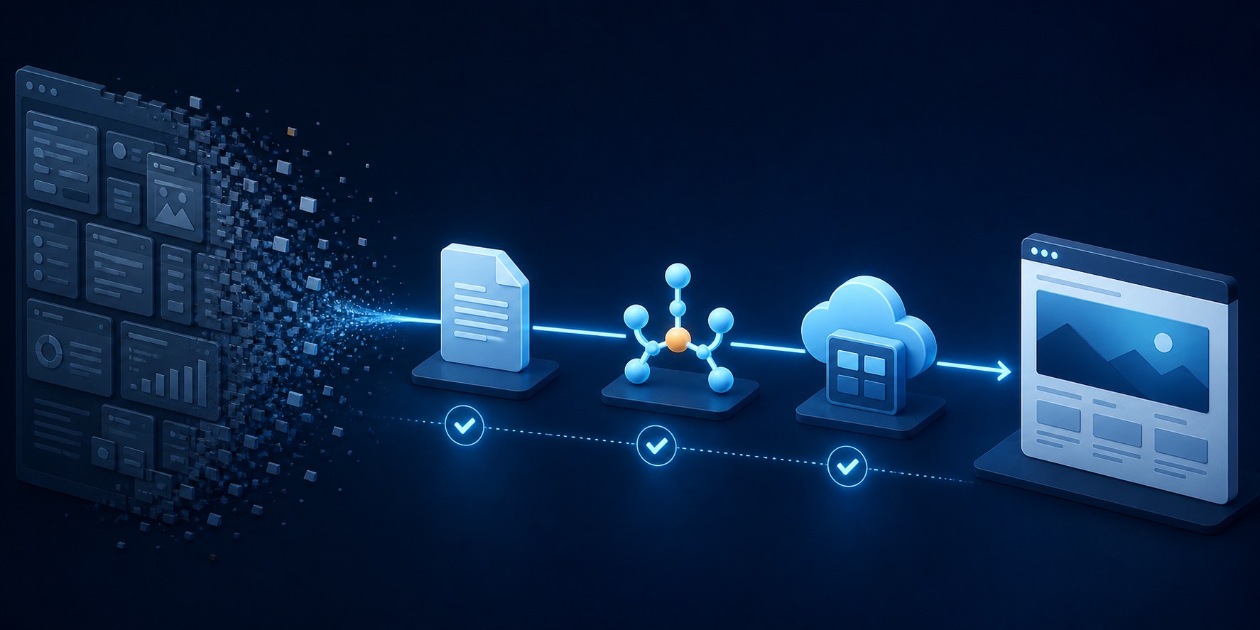 A legacy content-management interface transitions through a document, Git workflow, deployment checks, and a managed cloud application to a public website.