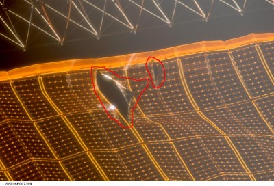 The two rips in ISS' solar array highlighted